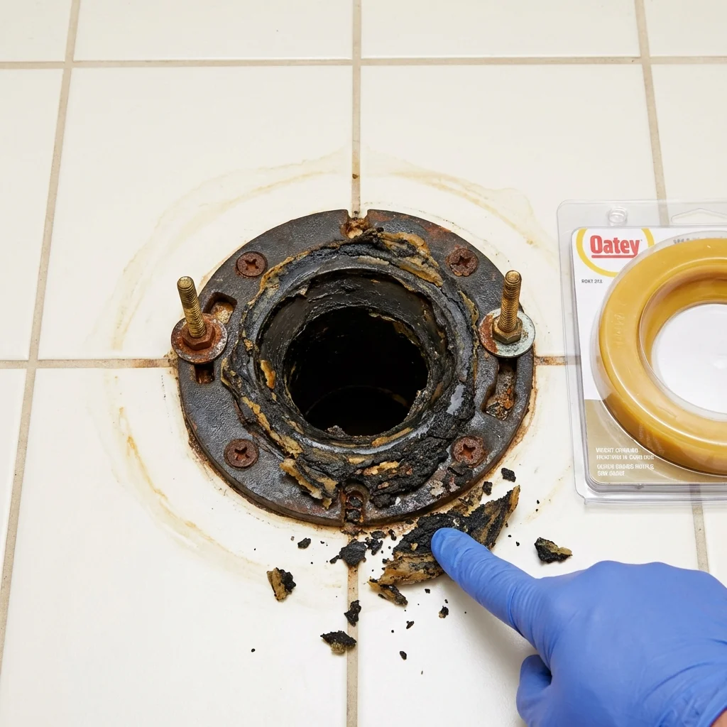 Failed wax ring showing water seepage at the base of a toilet in a Lyman, WY home
