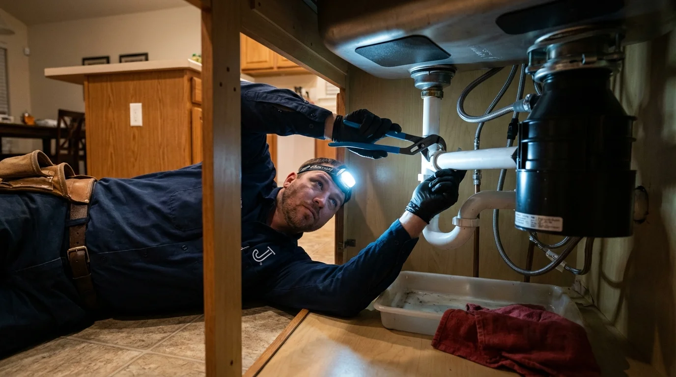 P-trap and supply line connections under a kitchen sink showing a common leak point in Lyman, WY